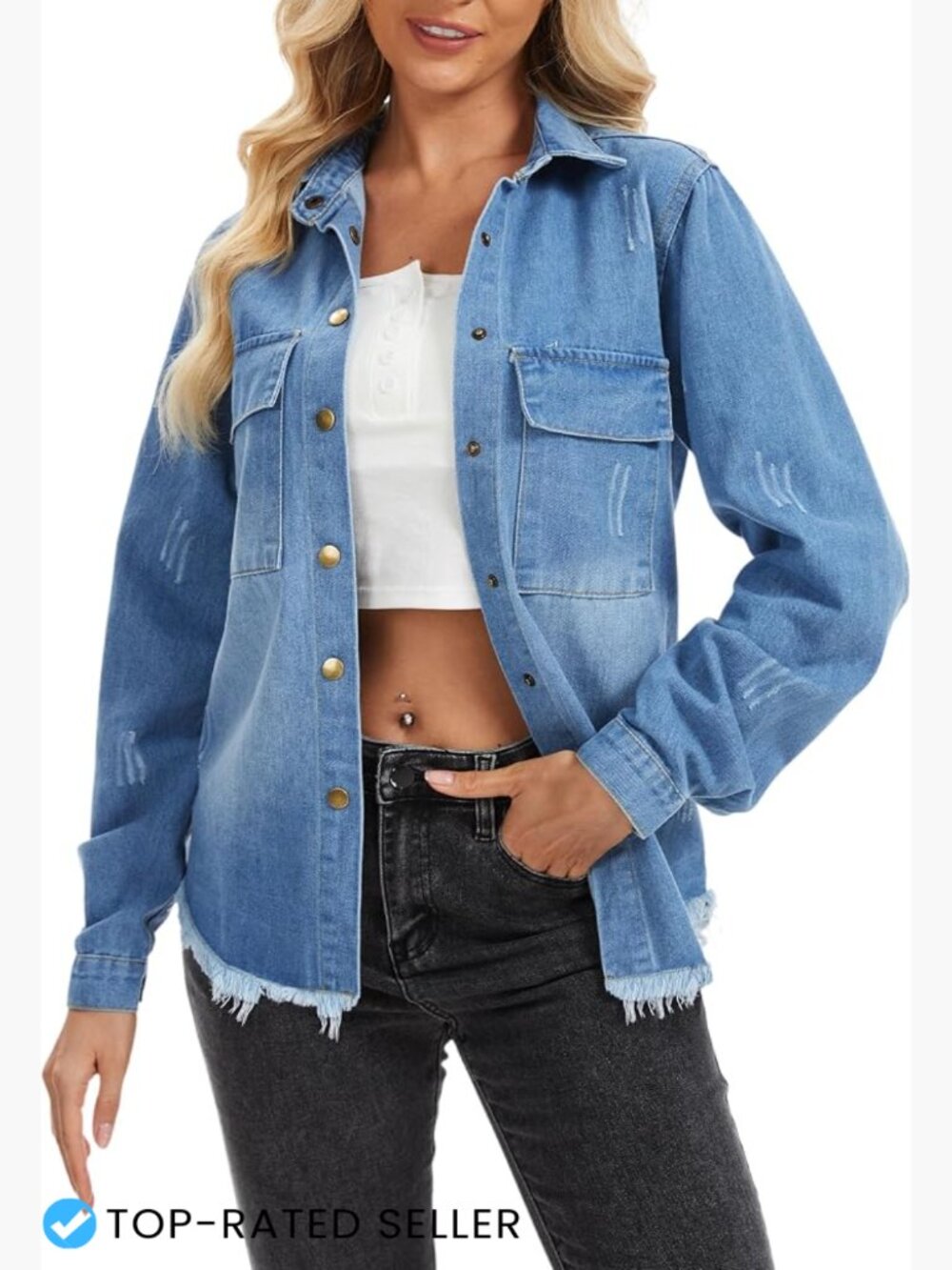 Frayed Hem Denim Jacket Women Long Sleeve Casual Versatile Lightweight Cotton